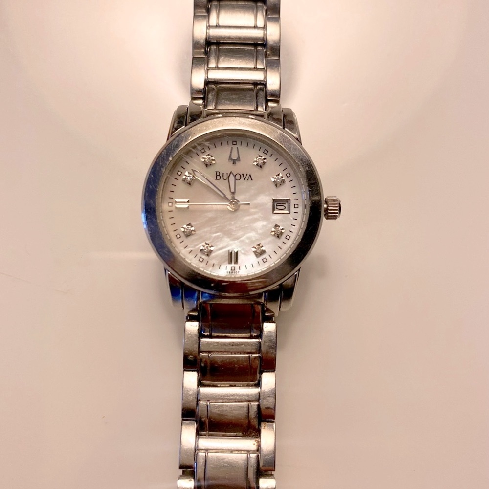 Bulova diamond accent 26mm MOP face stainless steel watch